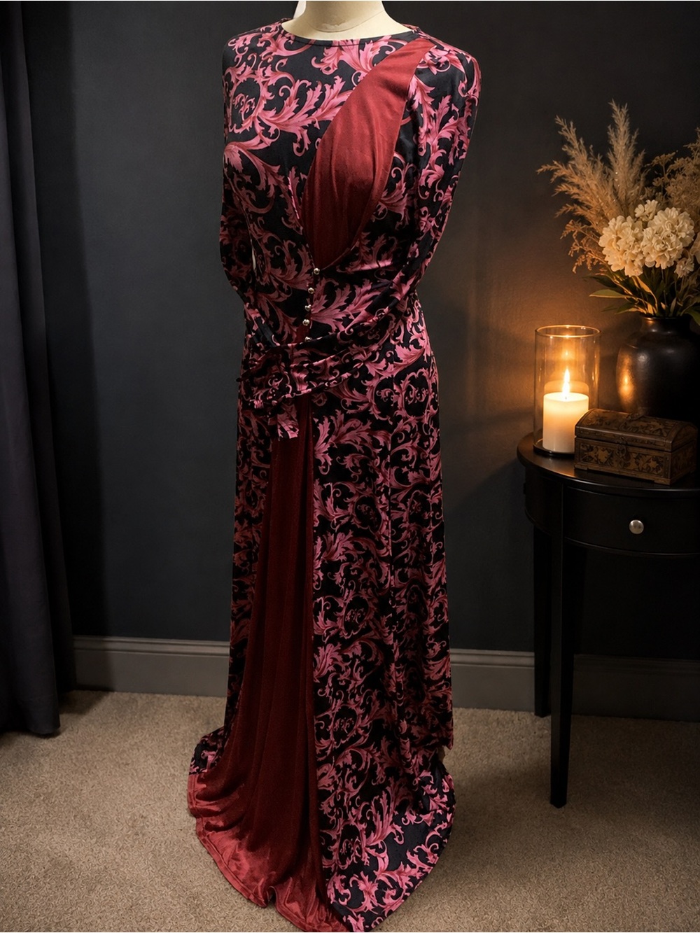 Women's Black and Red Printed Maxi Dress with Satin Panel